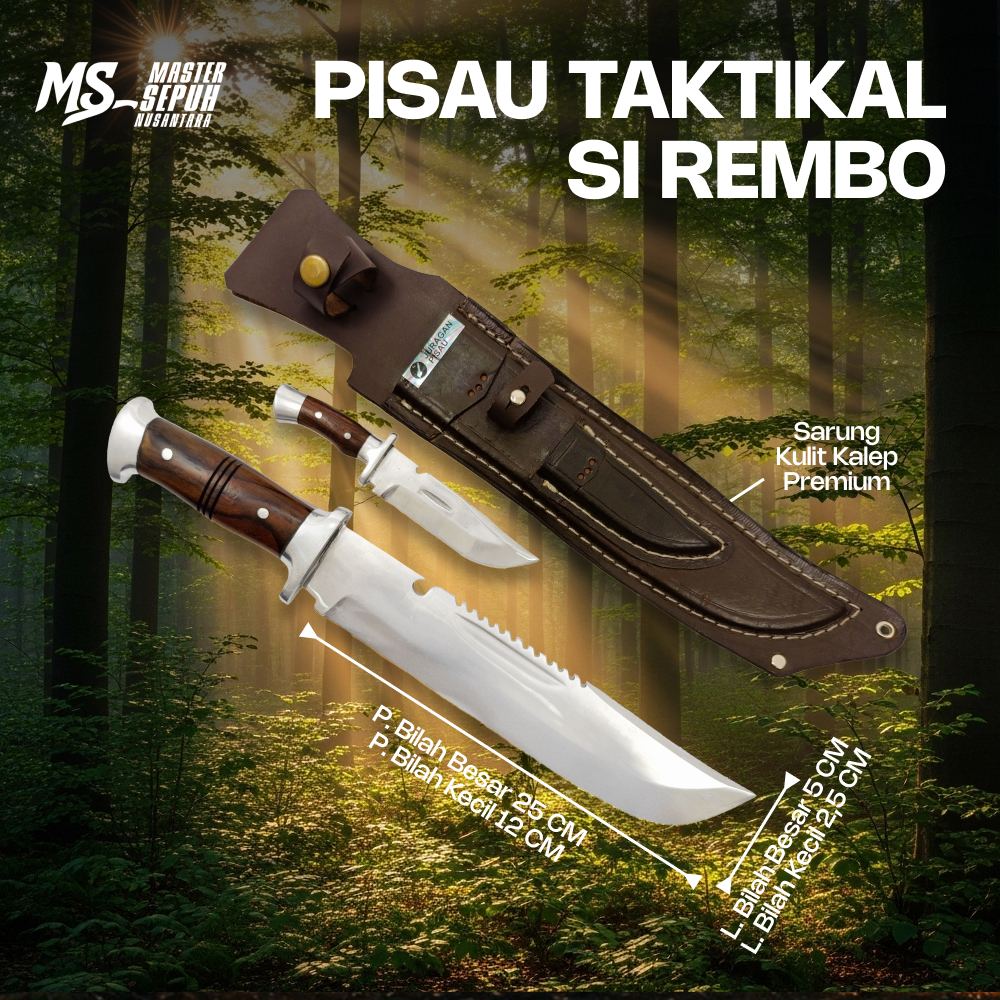 Pisau Set Rambo Multifungsi Sarung Kulit | Pisau Baja Komando Multifungsi | Master Sepuh Nusantara