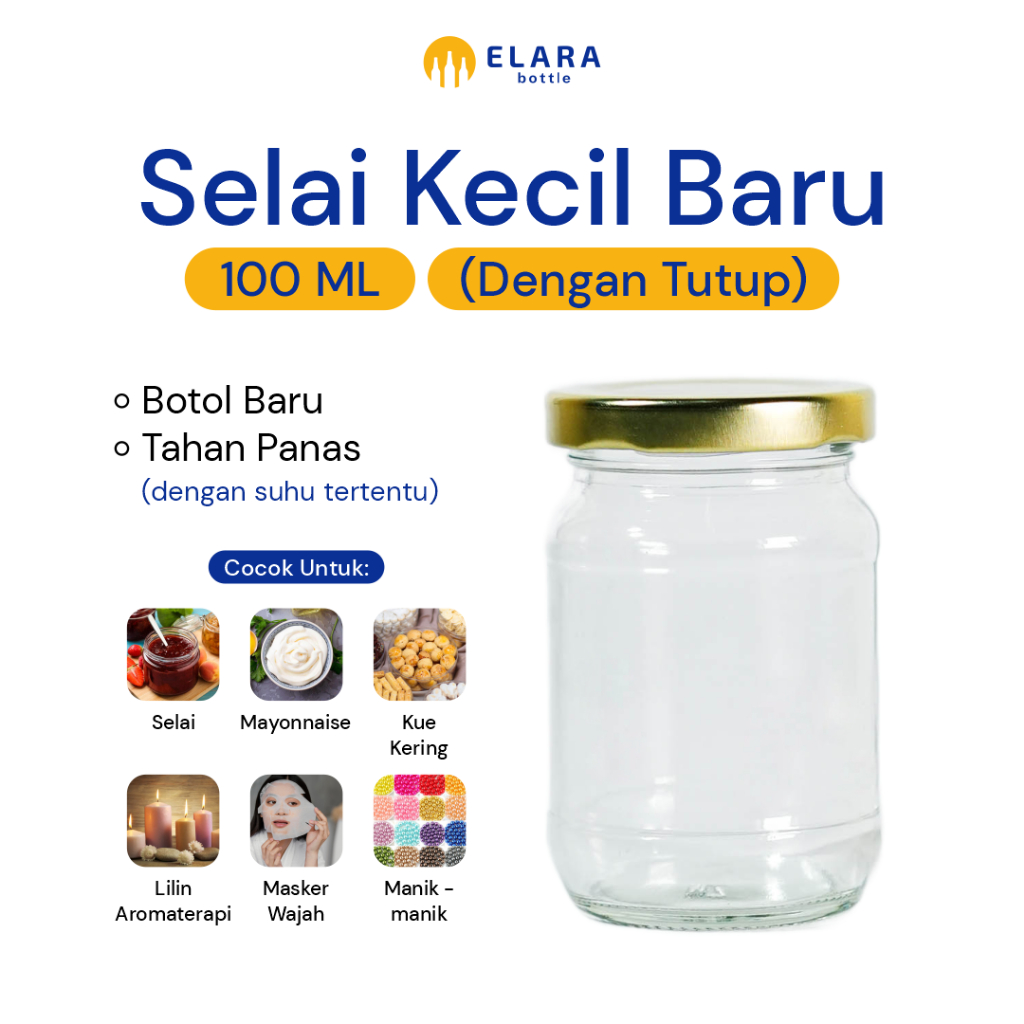 Elara Botol - Selai Kecil Baru 100 ML Dengan Tutup | Botol Kaca Bening | Botol 100 ML | Botol Selai 