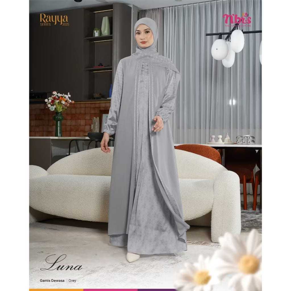 Nibras Gamis Dewasa Luna Grey Busui Friendly Lengan Manset Bahan Royal Symphony Sky Silk & Baby Doll