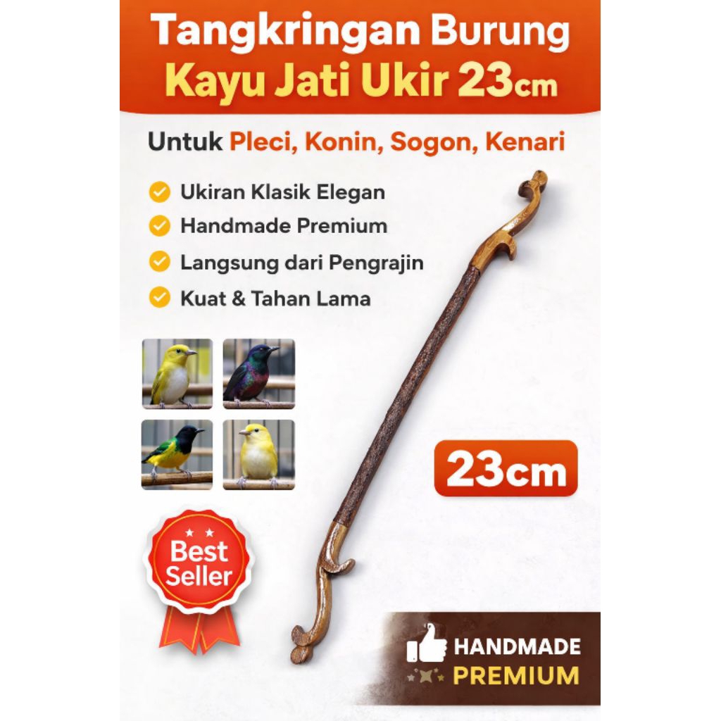 Tangkringan Burung Pleci Konin 23cm Kayu Jati Ukir – Tenggeran Sangkar Burung