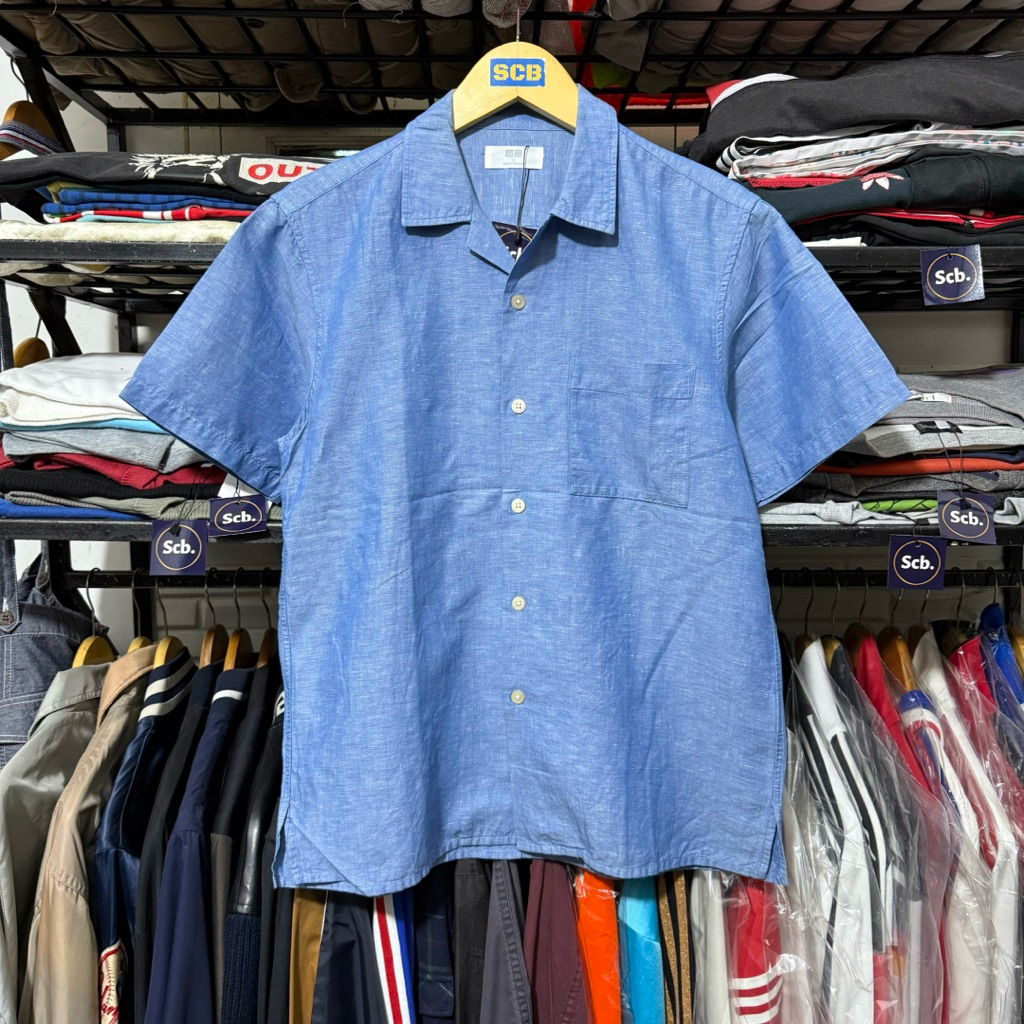 Uniqlo open collar linen cotton shirt kemeja