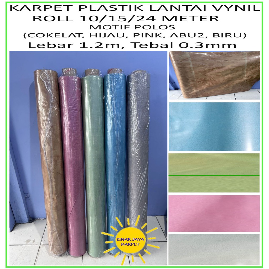 Karpet Lantai Plastik Vinyl ROLL 10/15/24 METER Alas MOTIF POLOS WARNA  Lebar 1.2m, Tebal 0.3mm