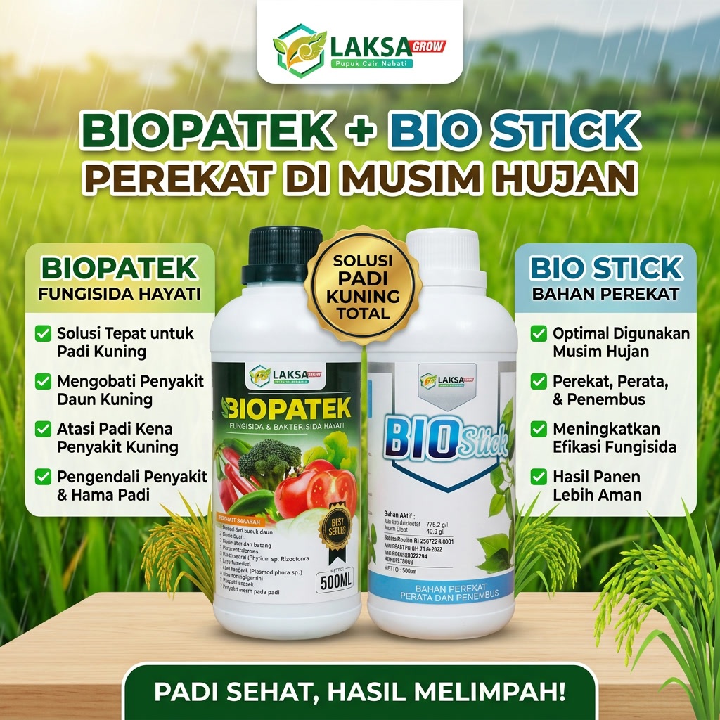 BIOPATEK + BIO STICK Perekat di Musim Hujan - BIOPATEK Fungisida Hayati Obat Semprot Penyakit Kuning