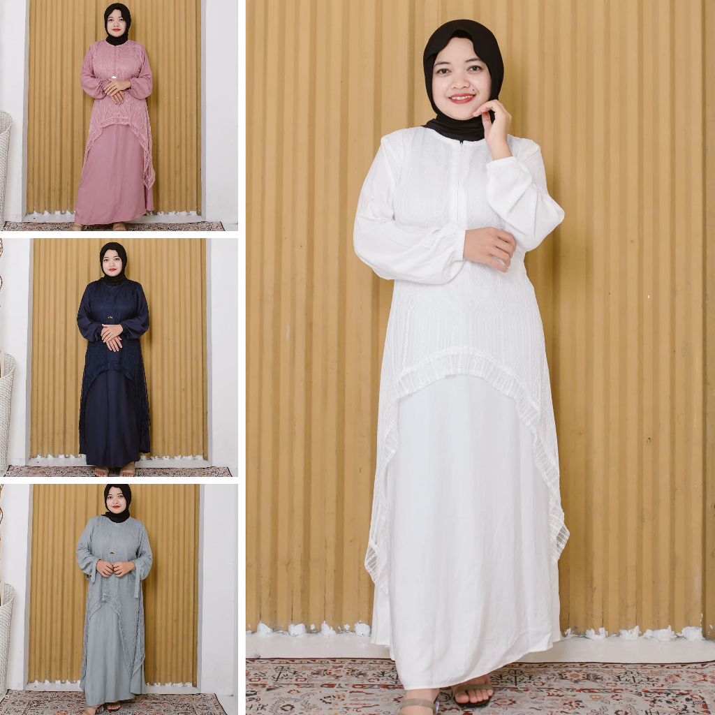 UfanDenim - Gamis Wanita Brokat Layer Premium – Dress Muslimah Panjang Elegan Syari (Putih/Hitam/Bir