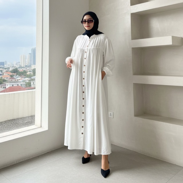 DIDEN GO Gamis Putih Premium Arunika Dress Kancing Seribu