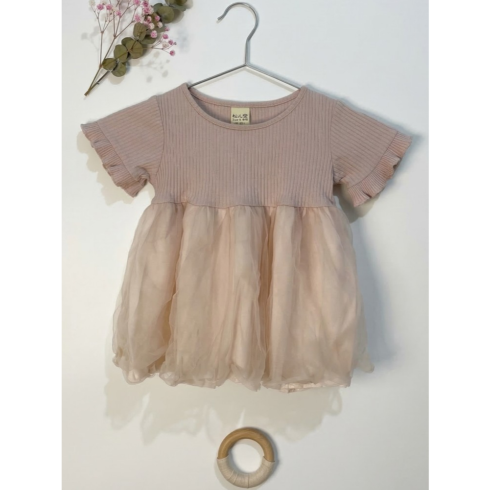 Preloved Dress Tutu Bayi Pink Pastel – Baju Pesta Anak Katun Rib Lembut (Usia 6-12 Bulan)