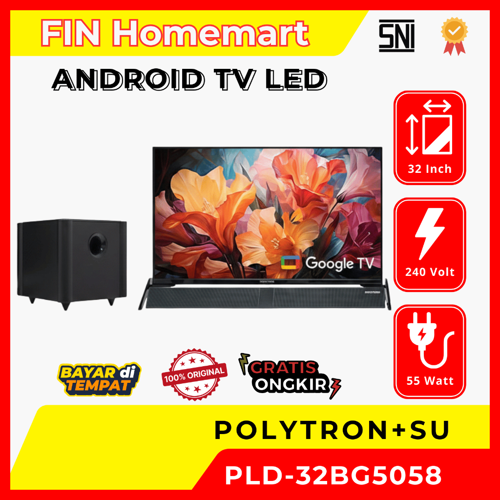 Polytron 32 Inch Android TV PLD-32BG5058 + Subwoofer Garansi 5 Tahun Panel