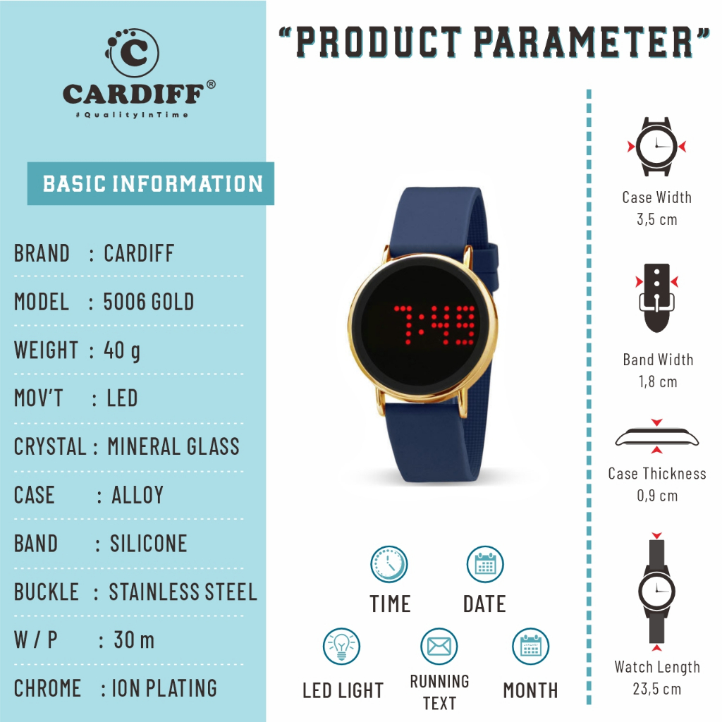 CARDIFF LED 5006 GOLD Jam Tangan Digital Wanita Series Best Seller Water Resist