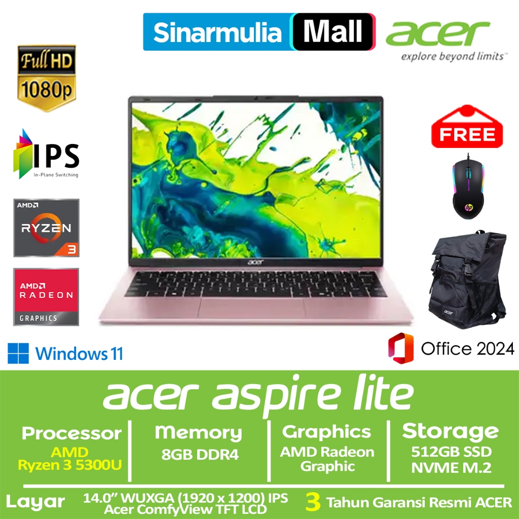 ACER Aspire Lite AL14-42P Ryzen 3 5300U 512GB SSD 8GB WUXGA IPS Win11+OHS