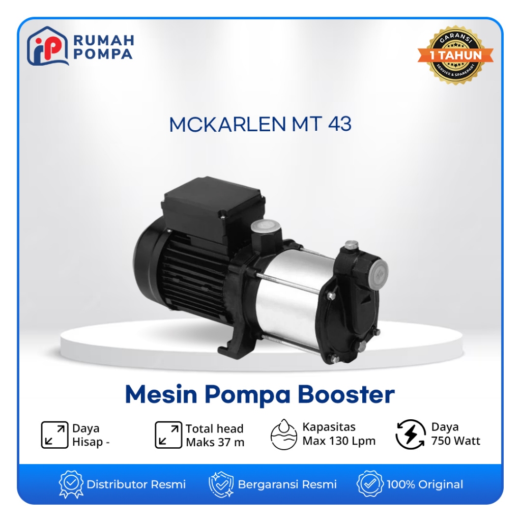 Bossco Pompa Booster Multi Stage MT 43 Horizontal Multistage Pump 1phase 0.75kw Head Max 37m Debit 1