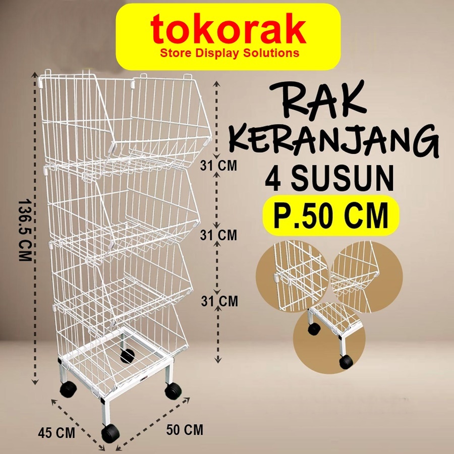 RAK KERANJANG 4 SUSUN 50 CM PUTIH MINIMARKET SUPERMARKET SNACK