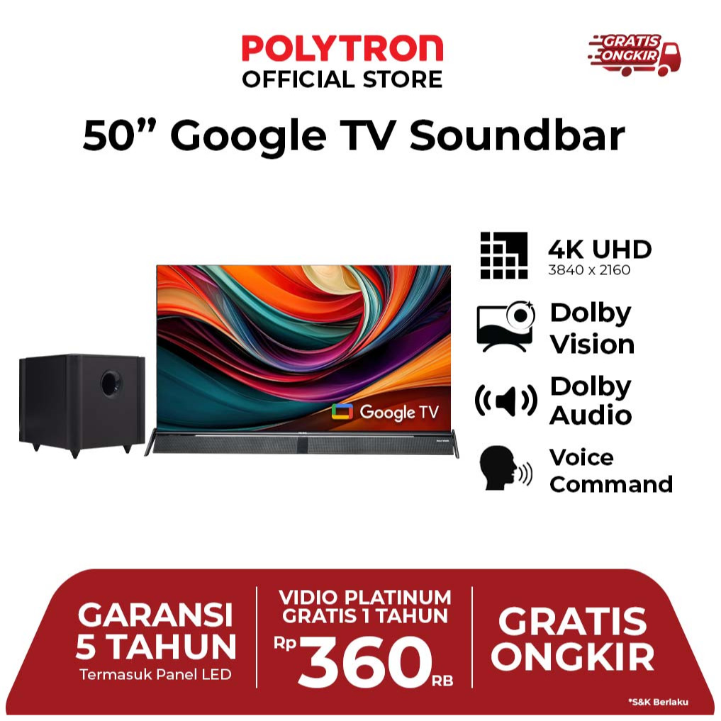 LED TV Polytron 50BUG Android UHD 4K Google TV With Cinemax Soundbar