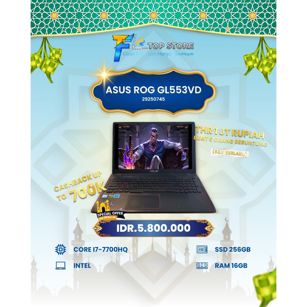 LAPTOP ASUS ROG GL553VD INTEL CORE I7-7700HQ SSD 256/16GB