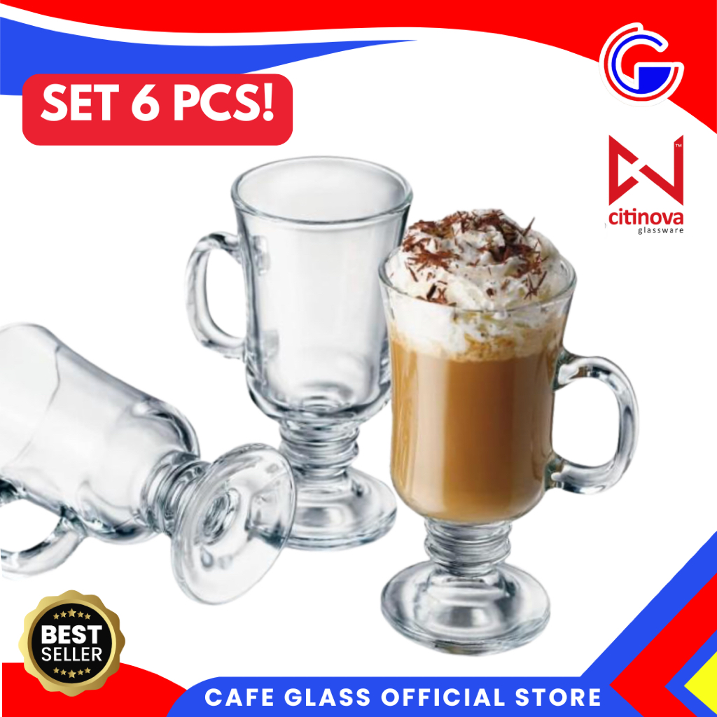 Gelas Kopi Set 6 Pcs Citinova Irish - Gelas Kaca Aesthetic Kaki Bening Gaggang - Cangkir Kopi Cafe G