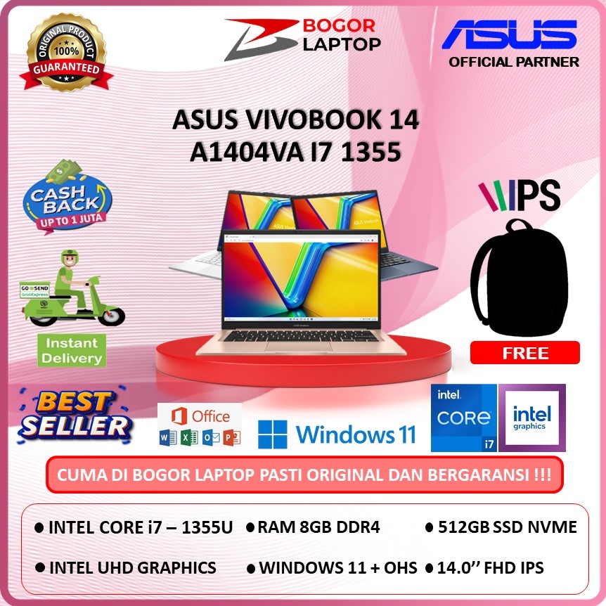 ASUS VIVOBOOK 14 A1404VA INTEL CORE I7 1355 8GB 512GB WINDOWS 11 + OHS 14.0 INCH FHD VIPS