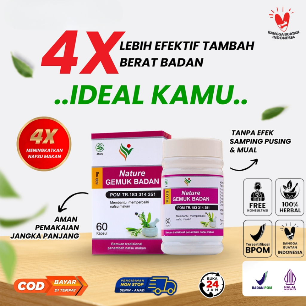 Gemuk Badan Naik 15kg Cepat & Aman BPOM – Nature Herbal 60 Kapsul Obat Gemuk Badan – Vitamin Penamba