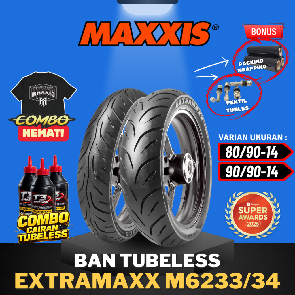 [PAKET SEPASANG TERMURAH] BAN MAXXIS EXTRAMAXX M6233/34 TUBELESS ( 80/90-14 / 90/90-14 ) BAN MOTOR M