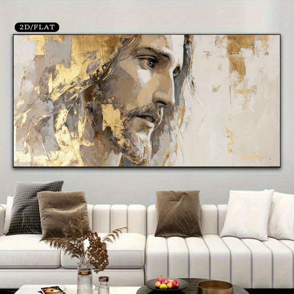 Lukisan wajah tuhan yesus sismpel minimalism aksen gold
