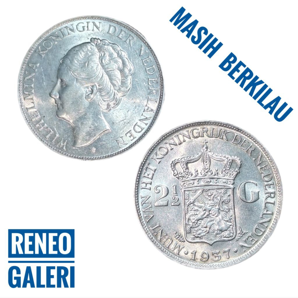 Asli Perak 2½ Gulden Wilhelmina 2,5 G Nederlandsch indie uang koin kuno original berkilau luster jam