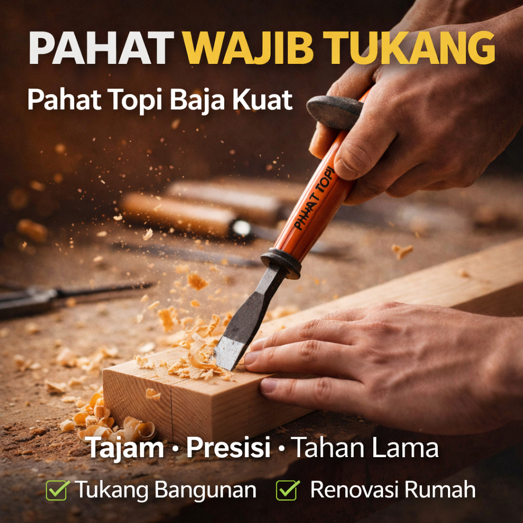 Pahat Topi Baja – Kepala Lebar Anti Slip – Buat Pahat Kayu & Ukir Presisi / PAHAT BATU BETON TEMBOK