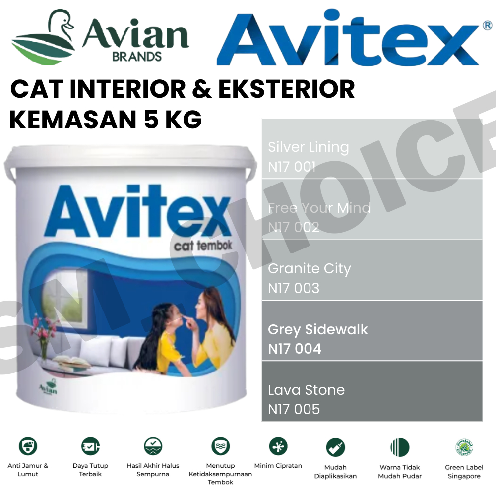 AVIAN AVITEX INTERIOR 5KG CAT TEMBOK 5KG GREY / ABU-ABU 5KG CAT TEMBOK INTERIOR