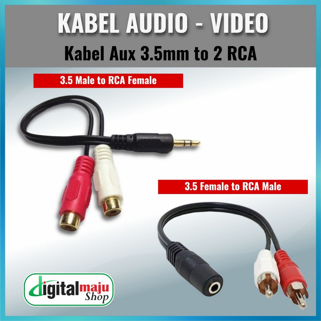 Kabel Audio Stereo 3.5 mm Aux to 2 RCA Male-Female (M-F) Female-Male (F-M) Merah Putih 25cm-30cm Kua