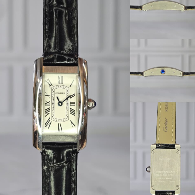 Jam Tangan Wanita C.T.C Silver Case Tali Kulit Hitam - Jam Tangan Pria Wanita Mewah Kotak Melengkung