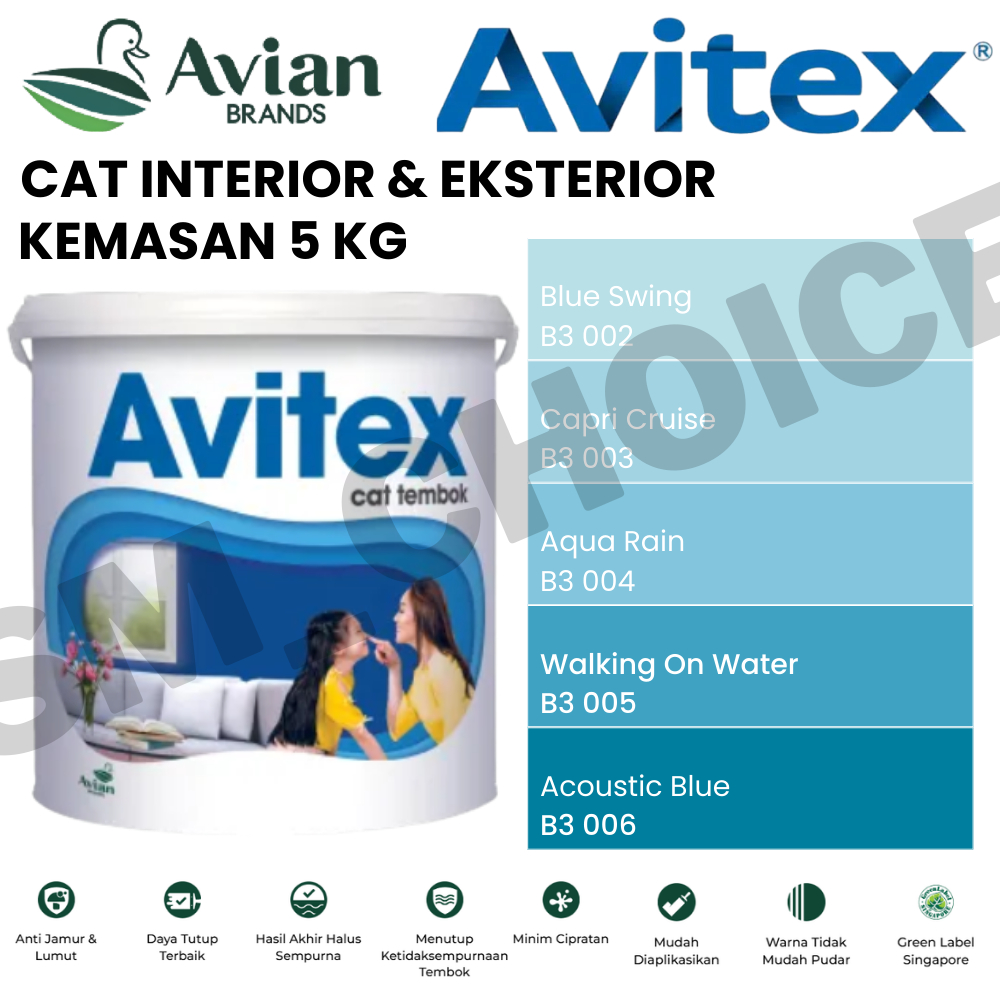 AVIAN AVITEX INTERIOR 5KG CAT TEMBOK 5KG BIRU / BLUE SKY / SEA BLUE 5KG CAT TEMBOK INTERIOR