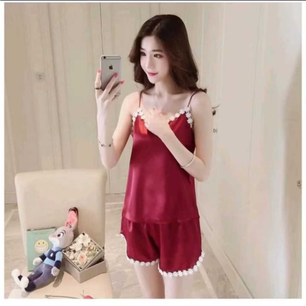 Baju tidur satin Amora sexy merah maroon halus lembut wanita lingerie