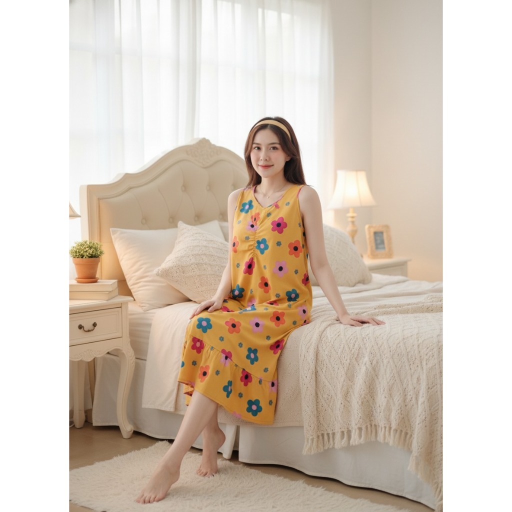 DASTER MODEL TALI BESAR MOTIF ACAK RUFFLE PAKAIAN WANITA REMAJA KEKINIAN BAHAN KATUN SANTAI