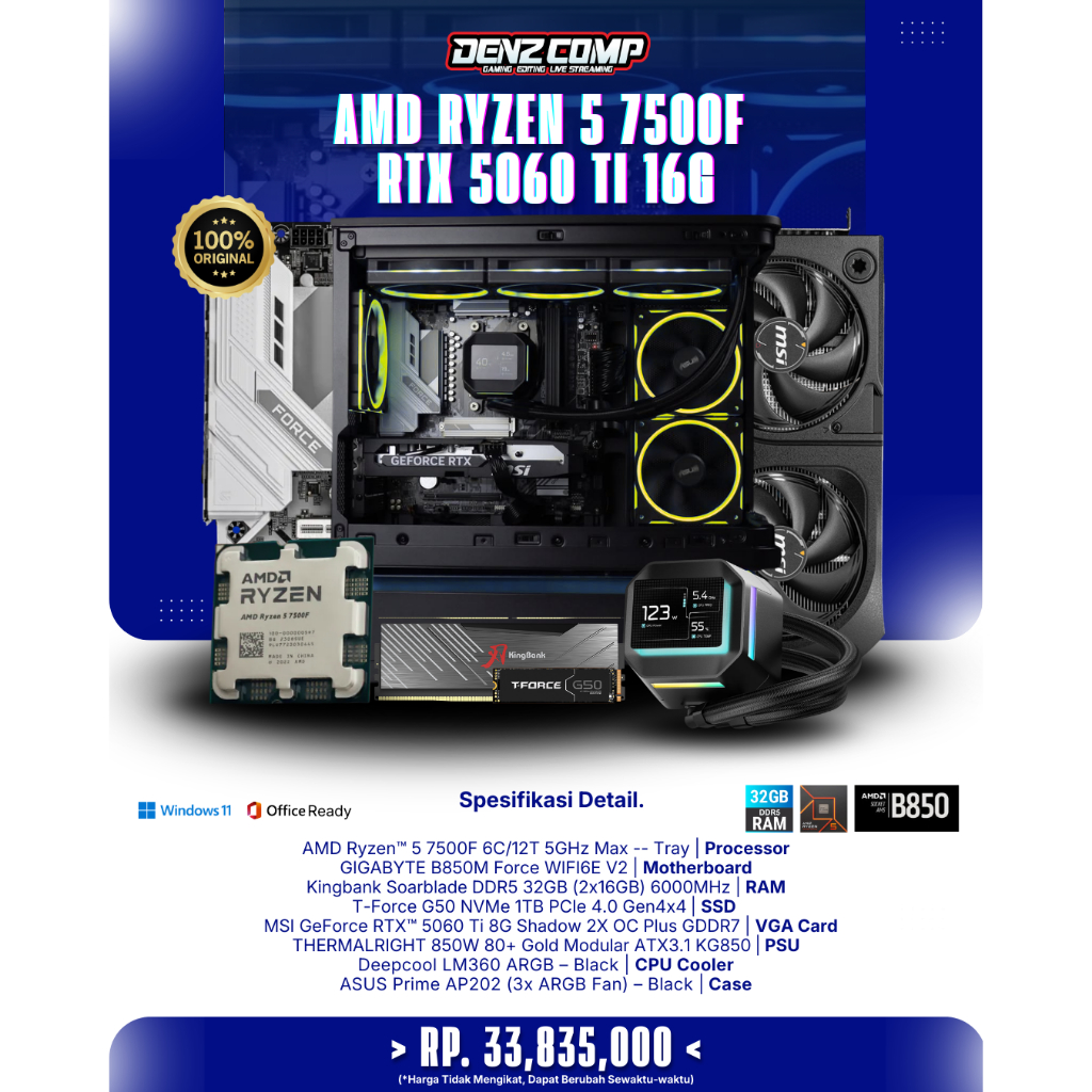 PC GAMING FORCE SHADOW - AMD RYZEN 5 7500F | RTX 5060 TI 16G | DDR5 32GB | NVMe 1TB | AIO 360 - PC C