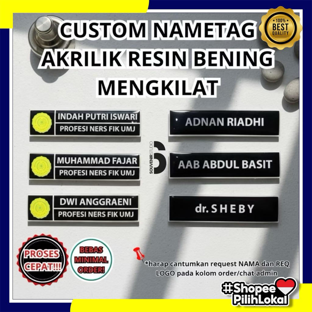 CUSTOM Name tag/Papan nama dada/nemtek/ Polos Nama, Logo Instansi + Nama AKRILIK