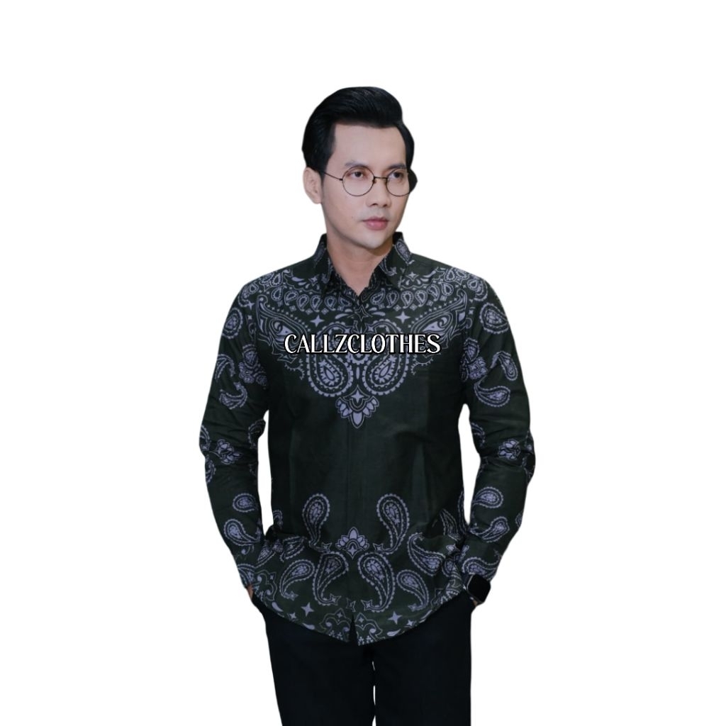 KEMEJA BATIK MODERN SLIM FIT MOTIF PAISLEY DARK GREEN PRIA LENGAN PANJANG PENDEK ELEGANT ADEM DAN NY