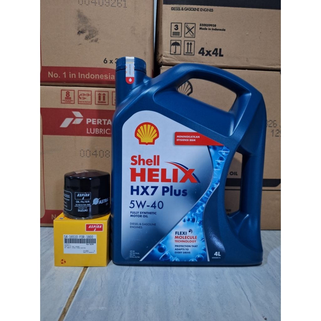 paket oli SHELL HX7 PLUS 5W-40 4 Liter dan filter oli mobil SUZUKI Karimun, spresso, ertiga, XL7, ca