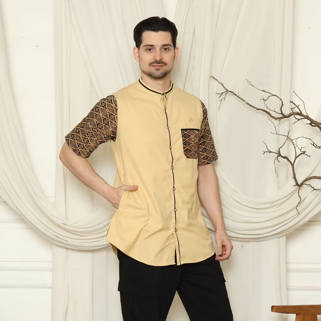 Baju Koko Fatih. Baju koko Lengan Pendek Kuning Vanila