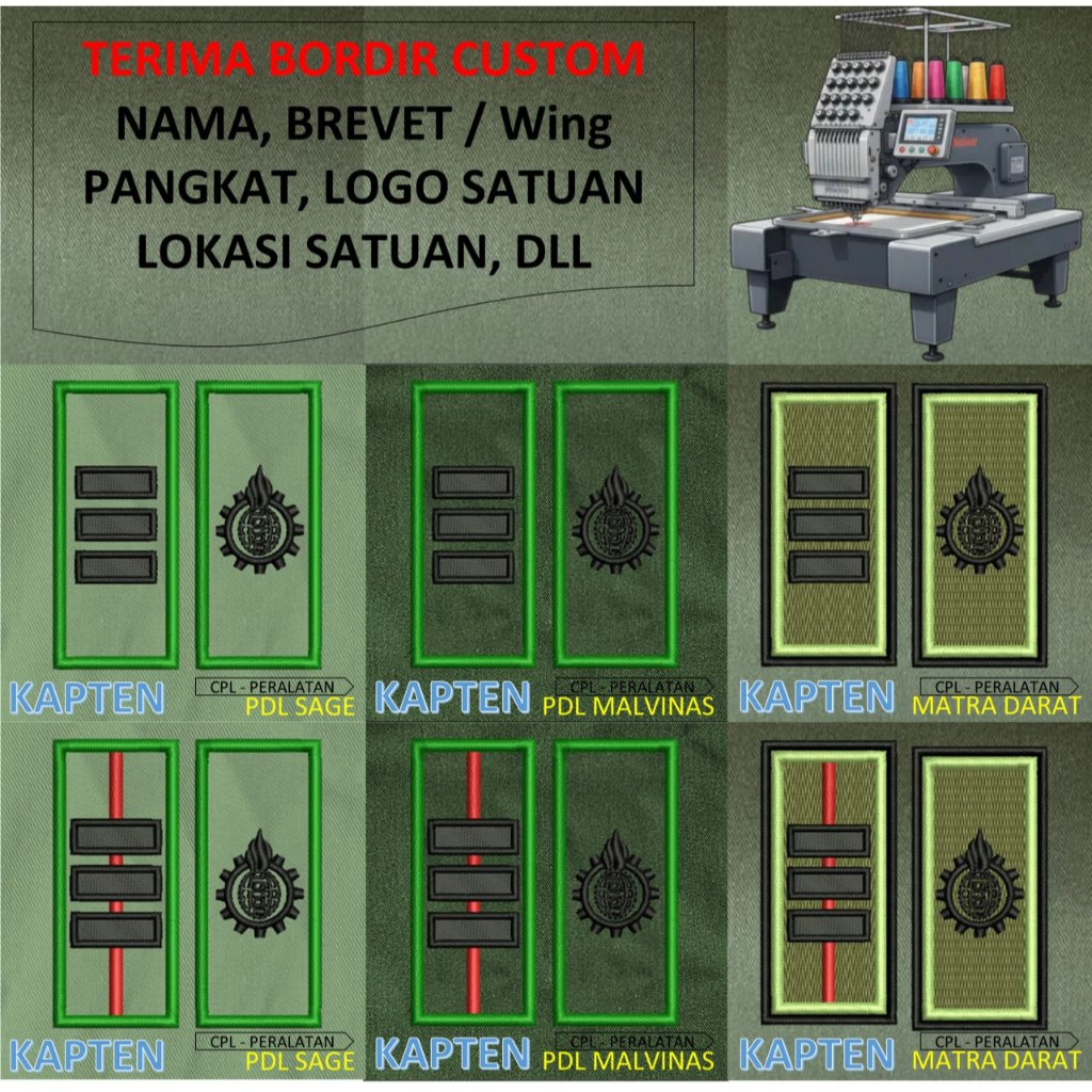 PATCH BORDIR brevet TNI TANDA PANGKAT PERWIRA PDH PDL TNI AD MALVINAS SAGE MATRA DARAT KOSTRAD EMBRO
