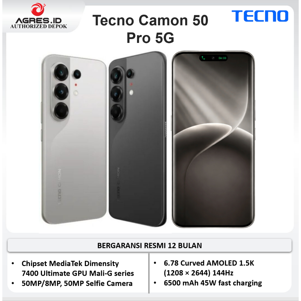 TECNO CAMON 50 PRO 5G 12/256GB Nebula Titanium – HP 5G Super Ngebut, Kamera 50MP