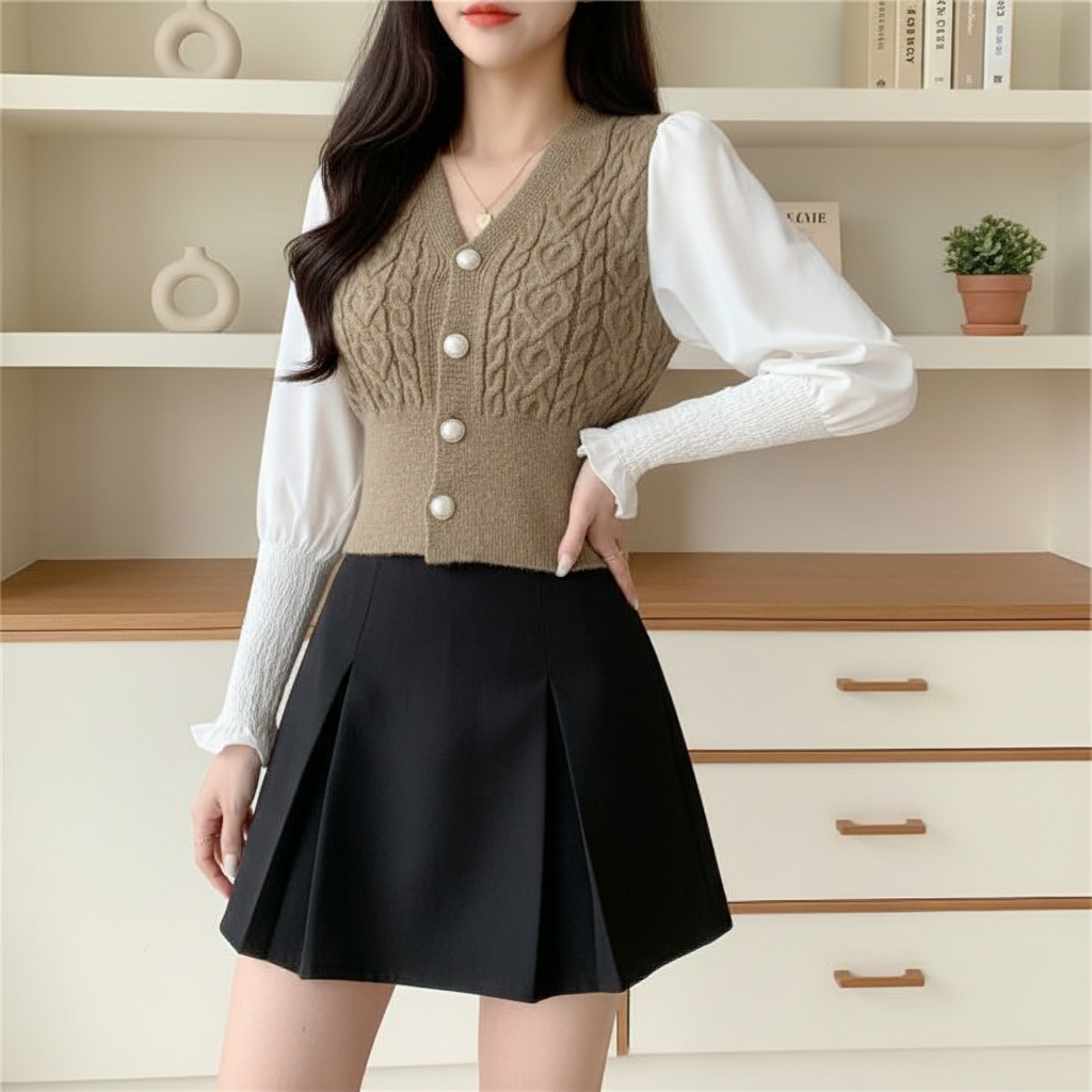 [TTEUDA] Atasan Wanita Blouse Knit Lengan Balon Korean Style  | Baju Wanita  Blouse Lengan Balon Kek