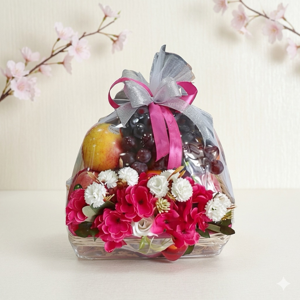 PARCEL HANTARAN PARCEL BUAH SEGAR DENGAN HIASAN BUNGA UNTUK KADO SESERAHAN HAMPERS MEWAH