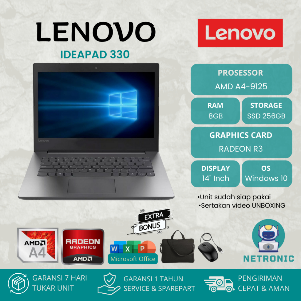 LENOVO IDEAPAD 330 AMD A4-9125 RAM 8GB SSD 256GB 14" INCH HD