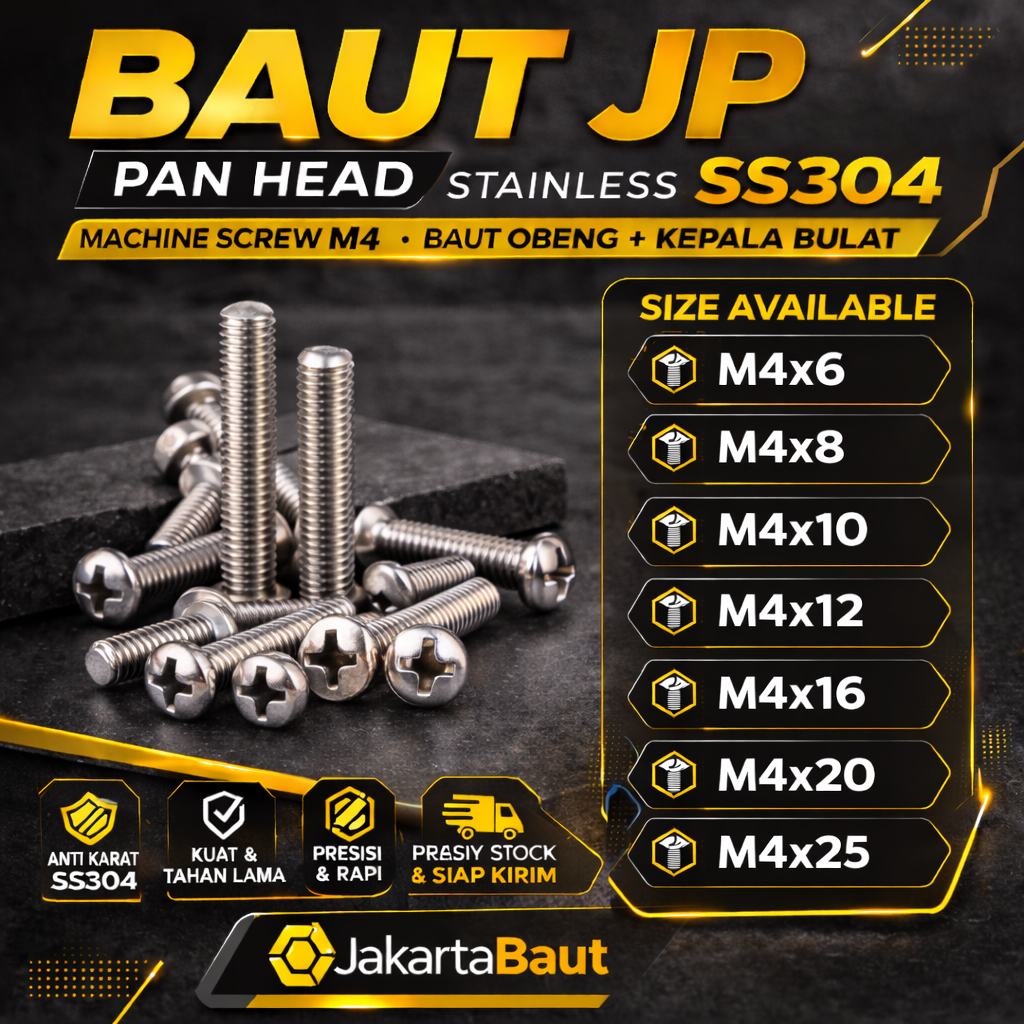 Baut JP M4X8 Machine Screw M4 X 8 Pan Head 4X8 Baut Obeng + Kepala Bulat Stainless SS304