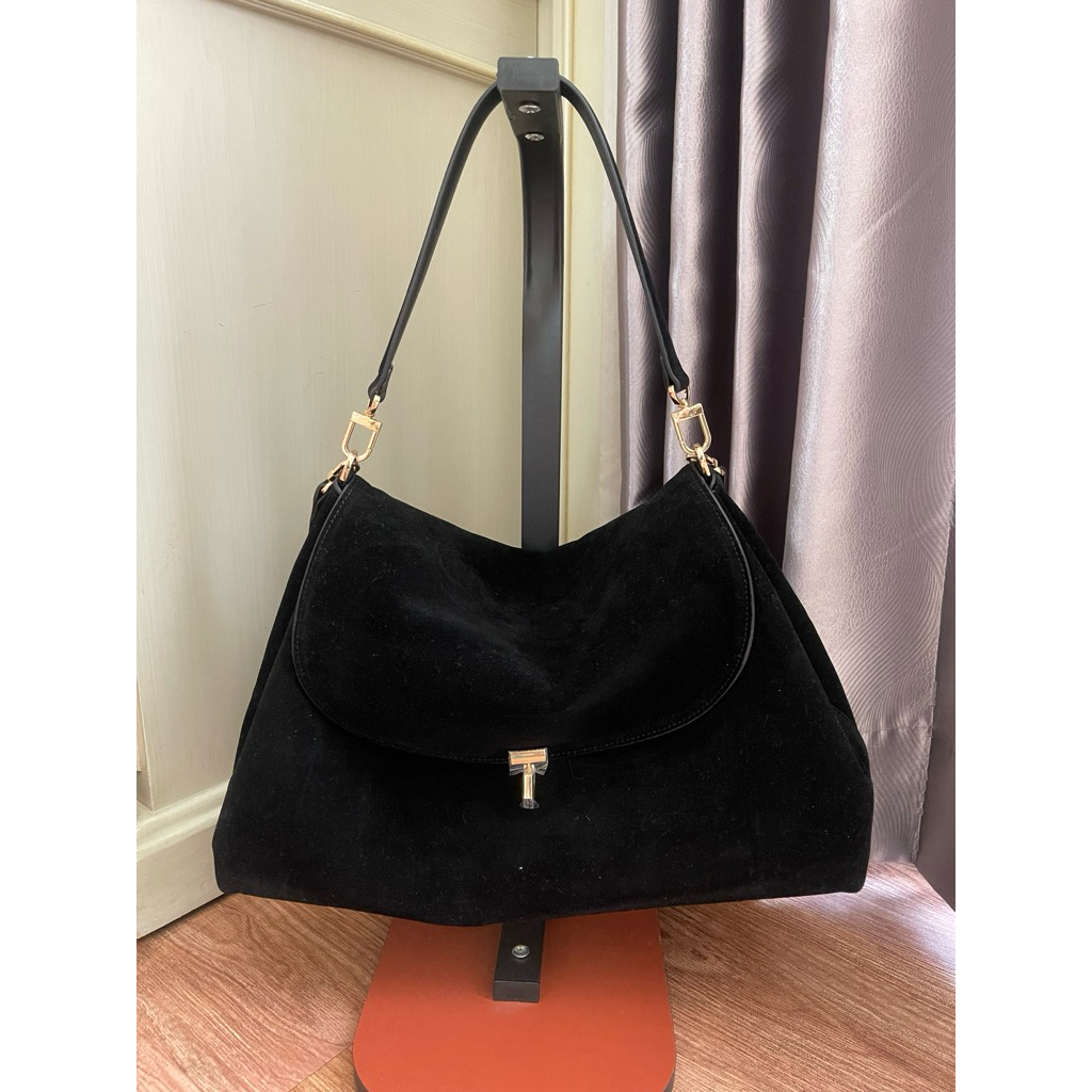 Toteme T lock bag in large black suede tas fashion
