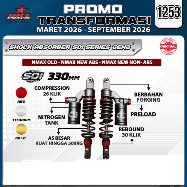 SHOCKBREAKER ABSORBER BRT 330MM NMAX NEW ABS NMAX NEW NON ABS Shock Soi Skok Absorber 330 MM GEN 2 B