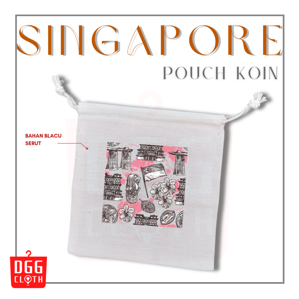 DGGCloth Pouch Koin Souvenir Singapore Dompet Koin Oleh Oleh Singapura Bahan Blacu Tali Serut Type 9