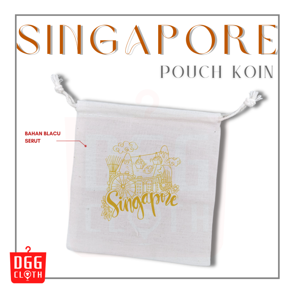 DGGCloth Pouch Koin Souvenir Singapore Dompet Koin Oleh Oleh Singapura Bahan Blacu Tali Serut Type 1