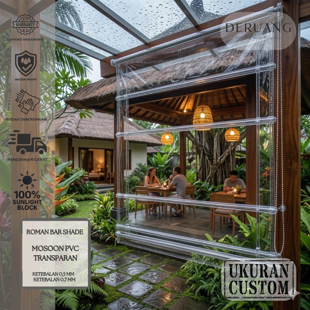 (CUSTOME) ROMAN SHADE PVC Transparan -  standar haveduty  - romans bars pvc outdoor - Krey Musim Huj