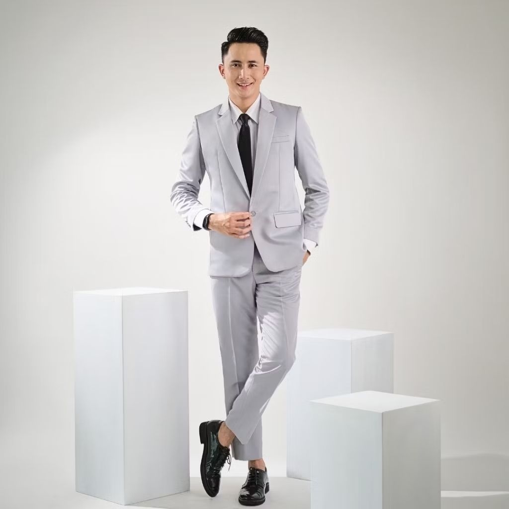 Dearga DAZA Soft Grey Setelan Jas Celana Pria Formal Slimfit Anak Muda Wisuda