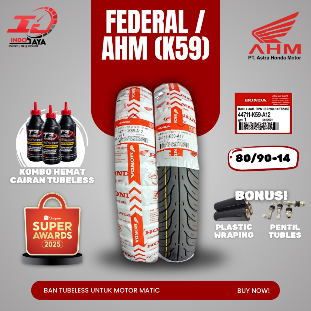 [COD] (BEST SELLER) BAN AHM FEDERAL TUBELESS ( 80/90-14 ) BAN MOTOR MATIC HONDA BEAT POP STREET VARI