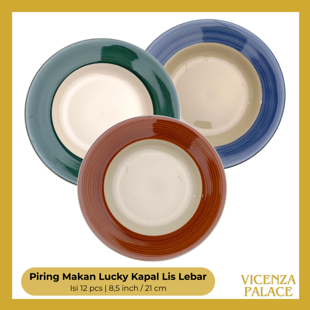 Piring Makan Keramik Seri Kapal List Lebar Warna Lucky Ukuran 8 inch (1 Lusin)