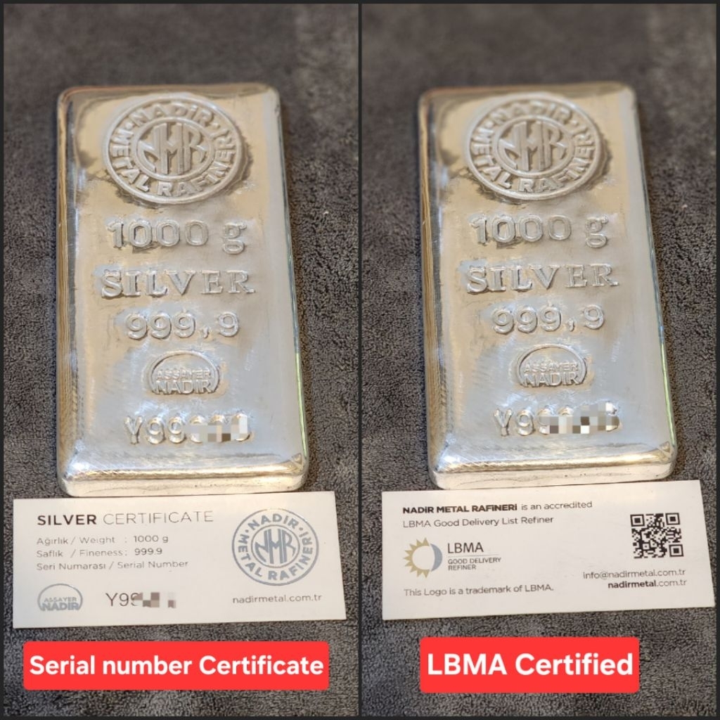 Ready Stock NADIR Fine Silver 999,9 Perak Batangan Turki 1kg 1000 gram ASLI SERTIFIKAT